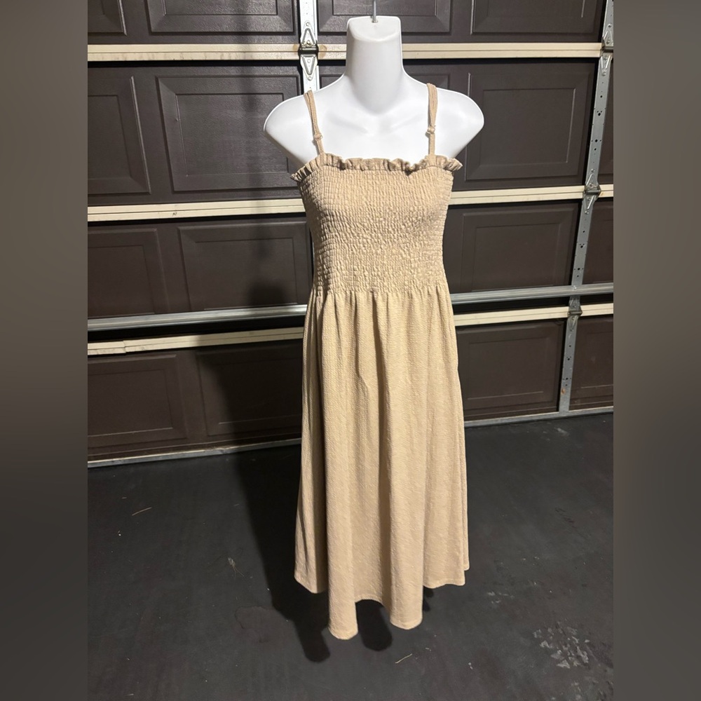 H&M Beige Smocked Midi Dress